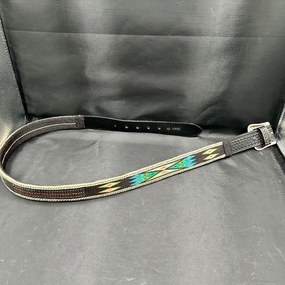 Tony Lama Western Belt Aztec Woven Accent Silver Buckle Black Leather Mens‎ 40 - Picture 2 of 8